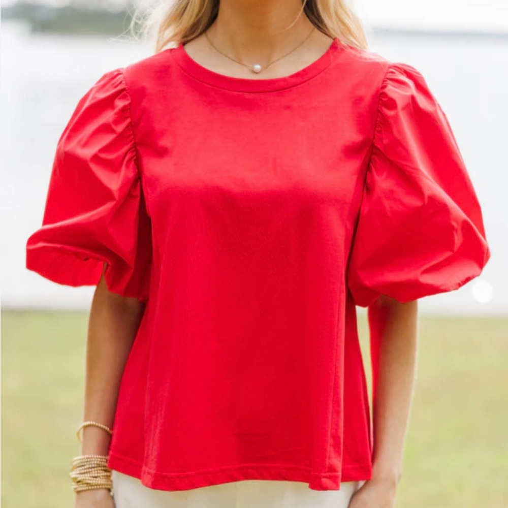 Vestique Red Puff Sleeve Tailgate Season Top Red Small